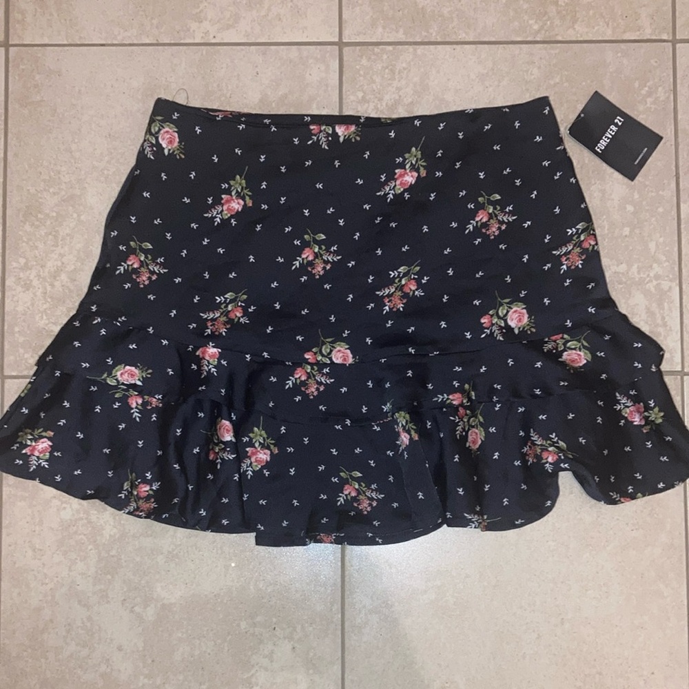 Black Floral Print Ruffled Skater Mini Skirt